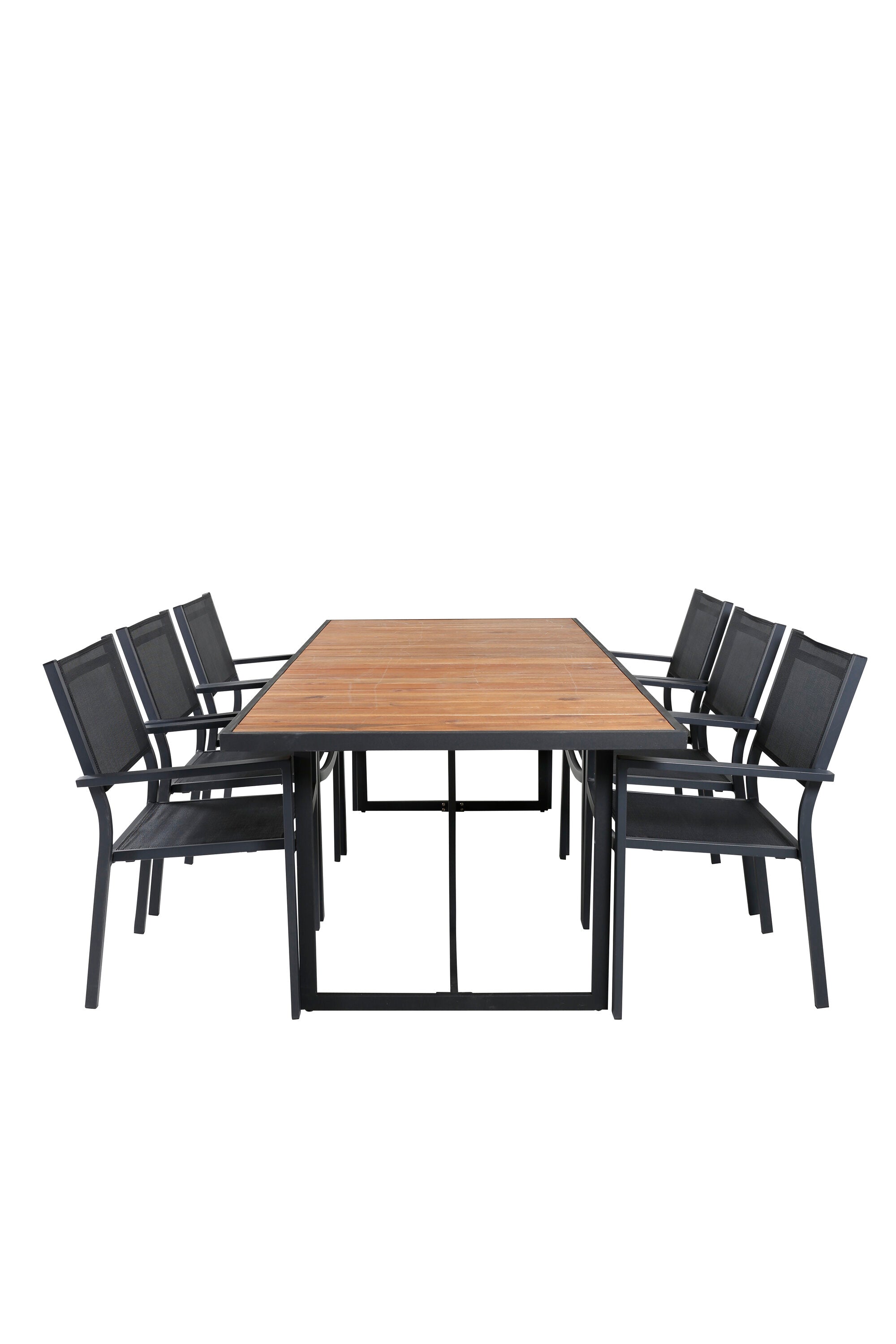 Elegantes Ess-Set aus Acacia-Holz, robust und stilvoll, mit bequemen Copacabana-Stühlen für gesellige Stunden im Freien.