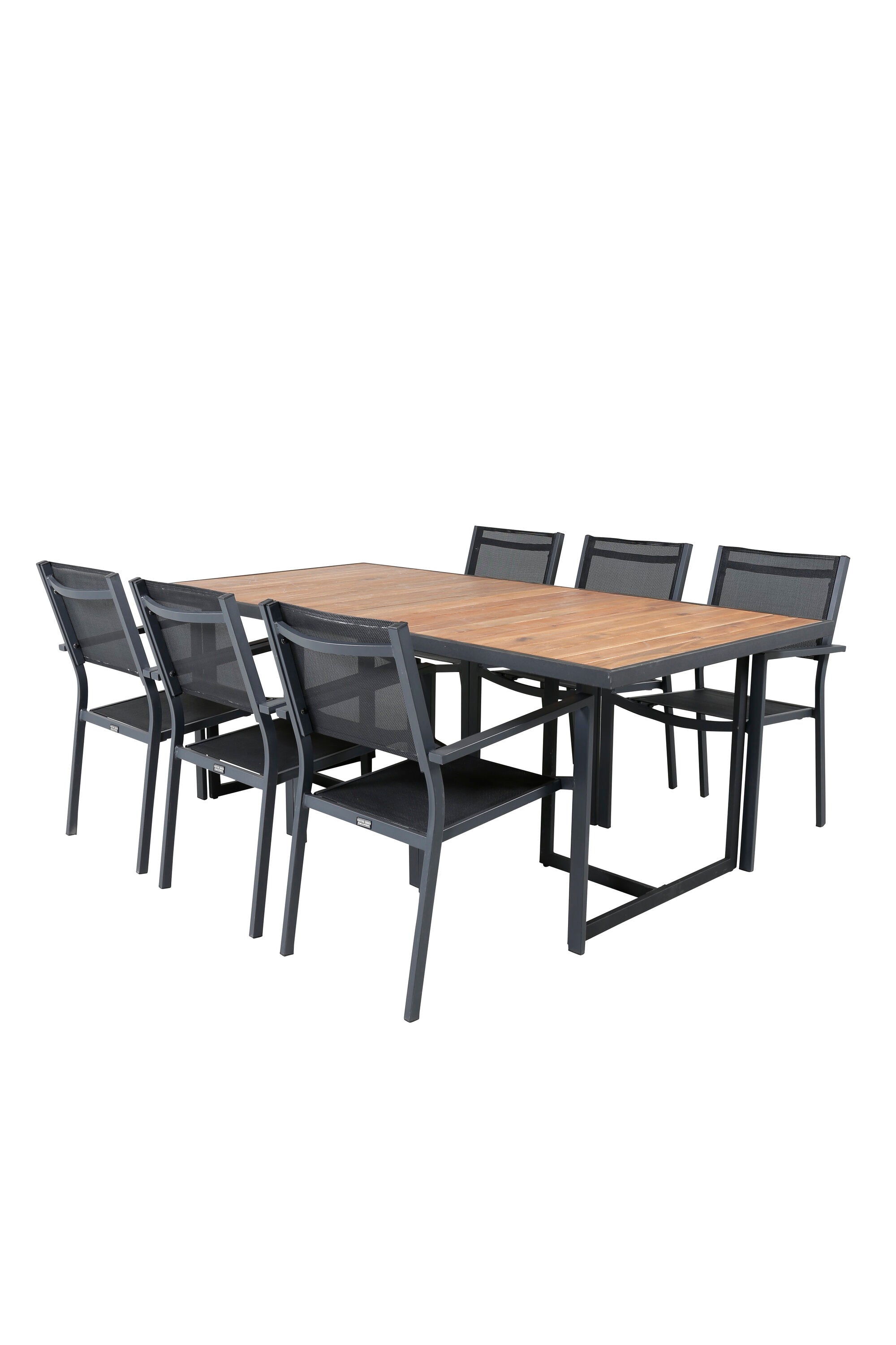 Elegantes Ess-Set aus Acacia-Holz, robust und stilvoll, mit bequemen Copacabana-Stühlen für gesellige Stunden im Freien.