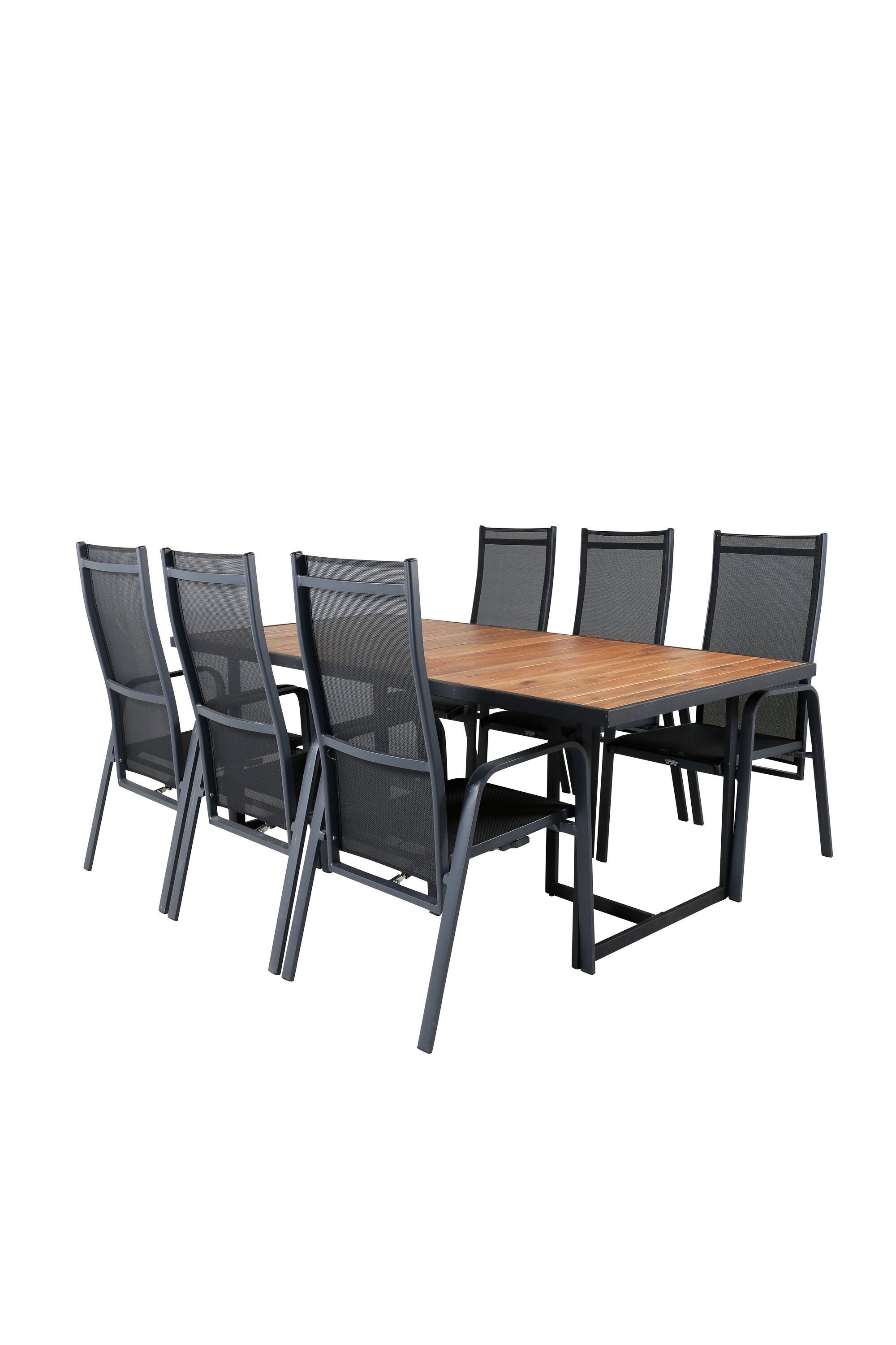 Elegantes Ess-Set aus Acacia-Holz, robust und stilvoll, mit bequemen Copacabana-Stühlen für gesellige Stunden im Freien.
