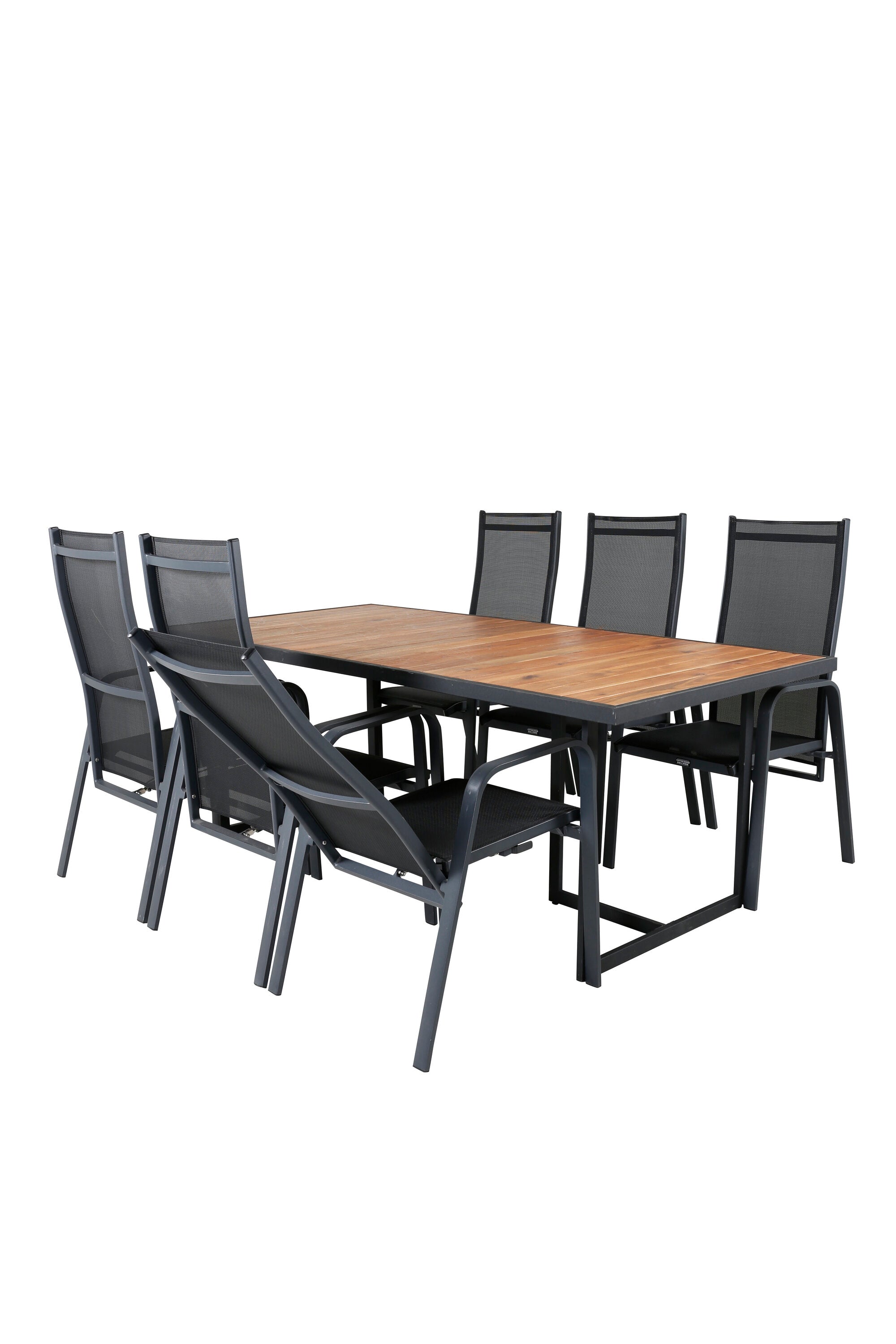 Elegantes Ess-Set aus Acacia-Holz, robust und stilvoll, mit bequemen Copacabana-Stühlen für gesellige Stunden im Freien.