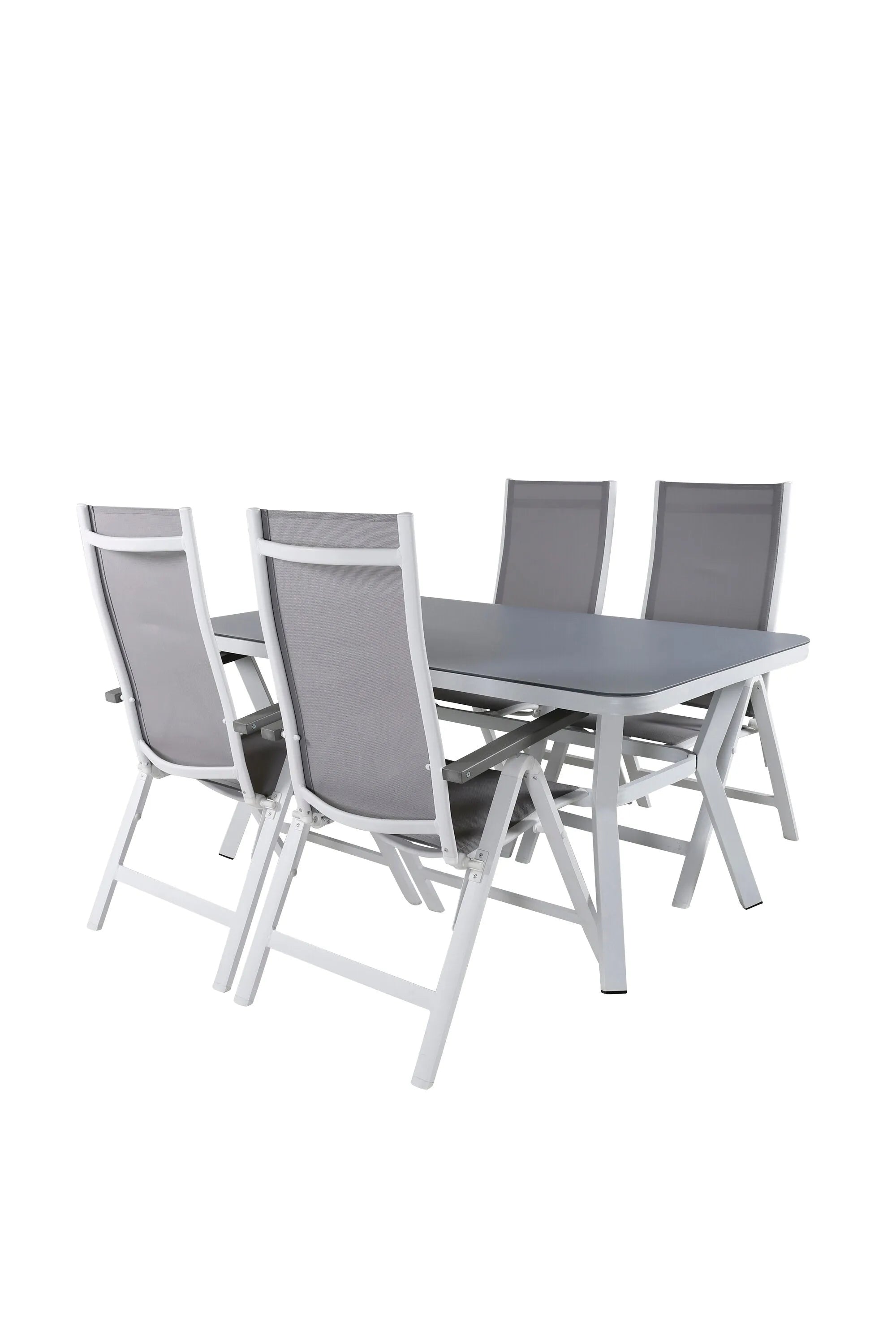 Elegantes Gartenset mit mattem Glastisch und bequemen Stühlen, ideal für stilvolle Outdoor-Mahlzeiten.