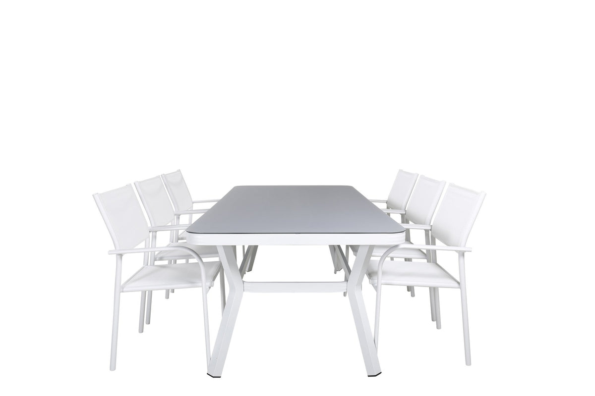 Weisser Esstisch aus Mattglas mit Aluminiumbeinen und zwei weisse Santorini Stühle aus Textilene, rechteckige Tischplatte 200x100 cm.