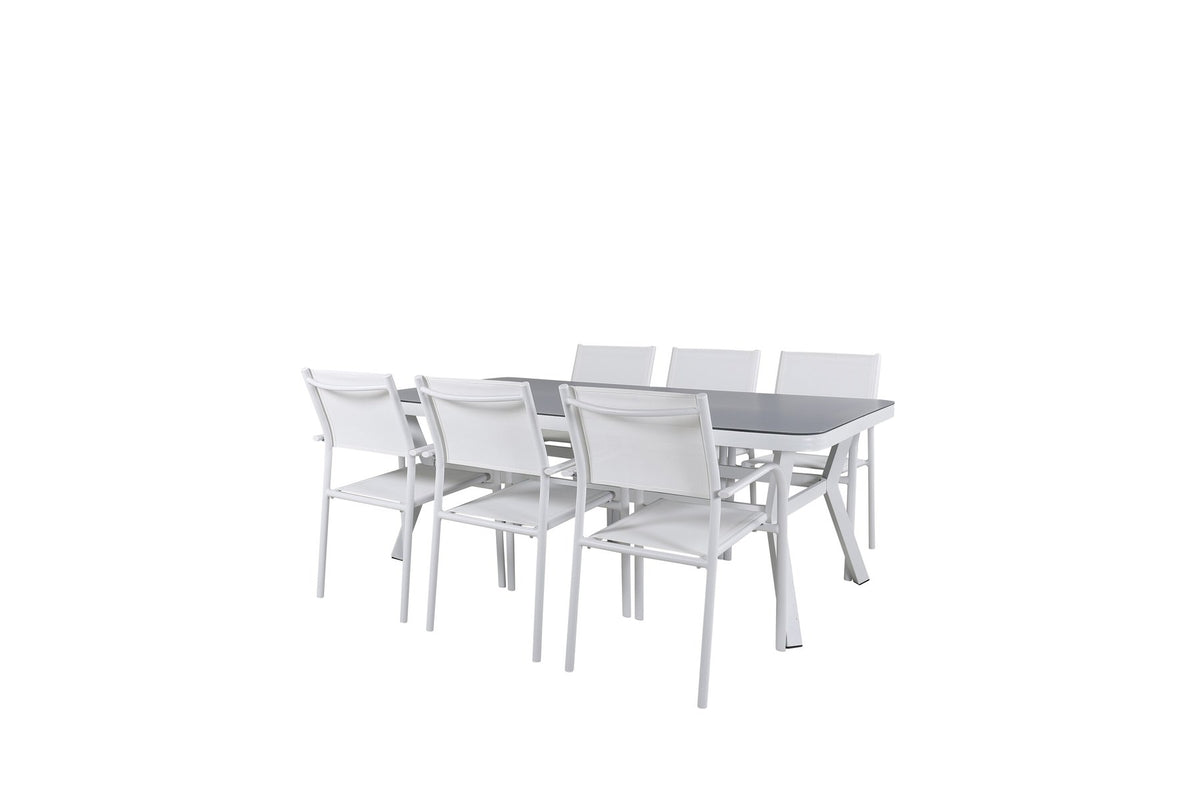 Weisser Esstisch aus Mattglas mit Aluminiumbeinen und zwei weisse Santorini Stühle aus Textilene, rechteckige Tischplatte 200x100 cm.