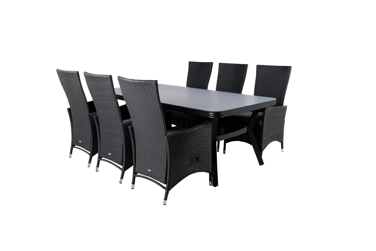 Gartentischset Virya & Padova: schwarzer rechteckiger Esstisch aus Mattglas mit zwei Relaxstühlen