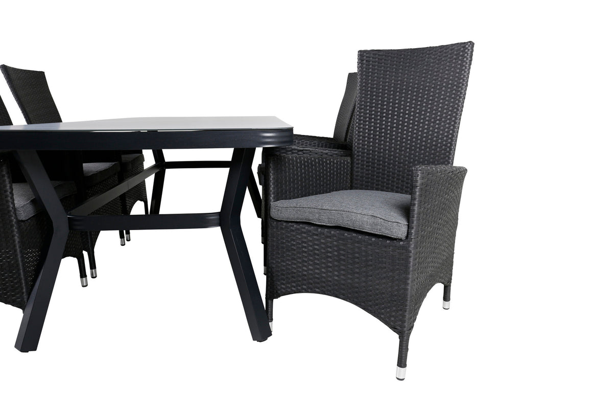 Gartentischset Virya & Padova: schwarzer rechteckiger Esstisch aus Mattglas mit zwei Relaxstühlen