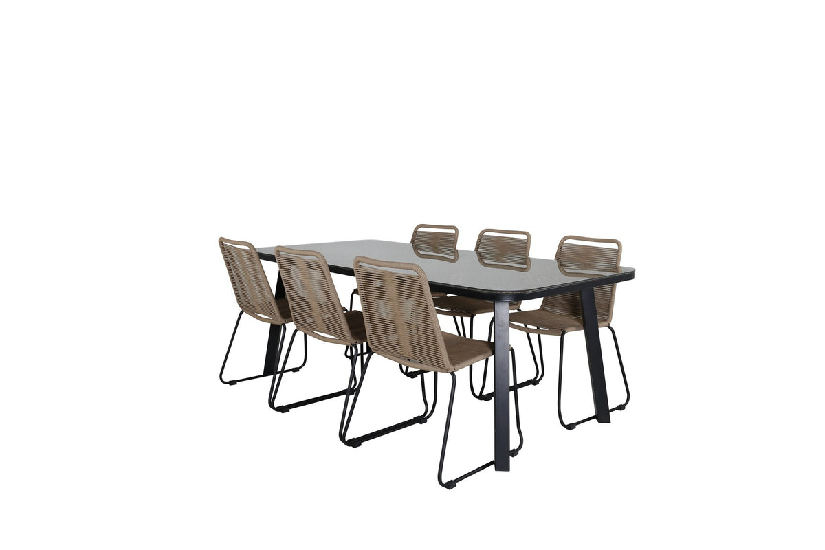 Gartentischset Paola mit schwarzem Stahlgestell und Weidengeflecht-Tischplatte sowie sechs stapelbaren Lindos-Stühlen aus schwarzem Aluminium und Polyesterseil.