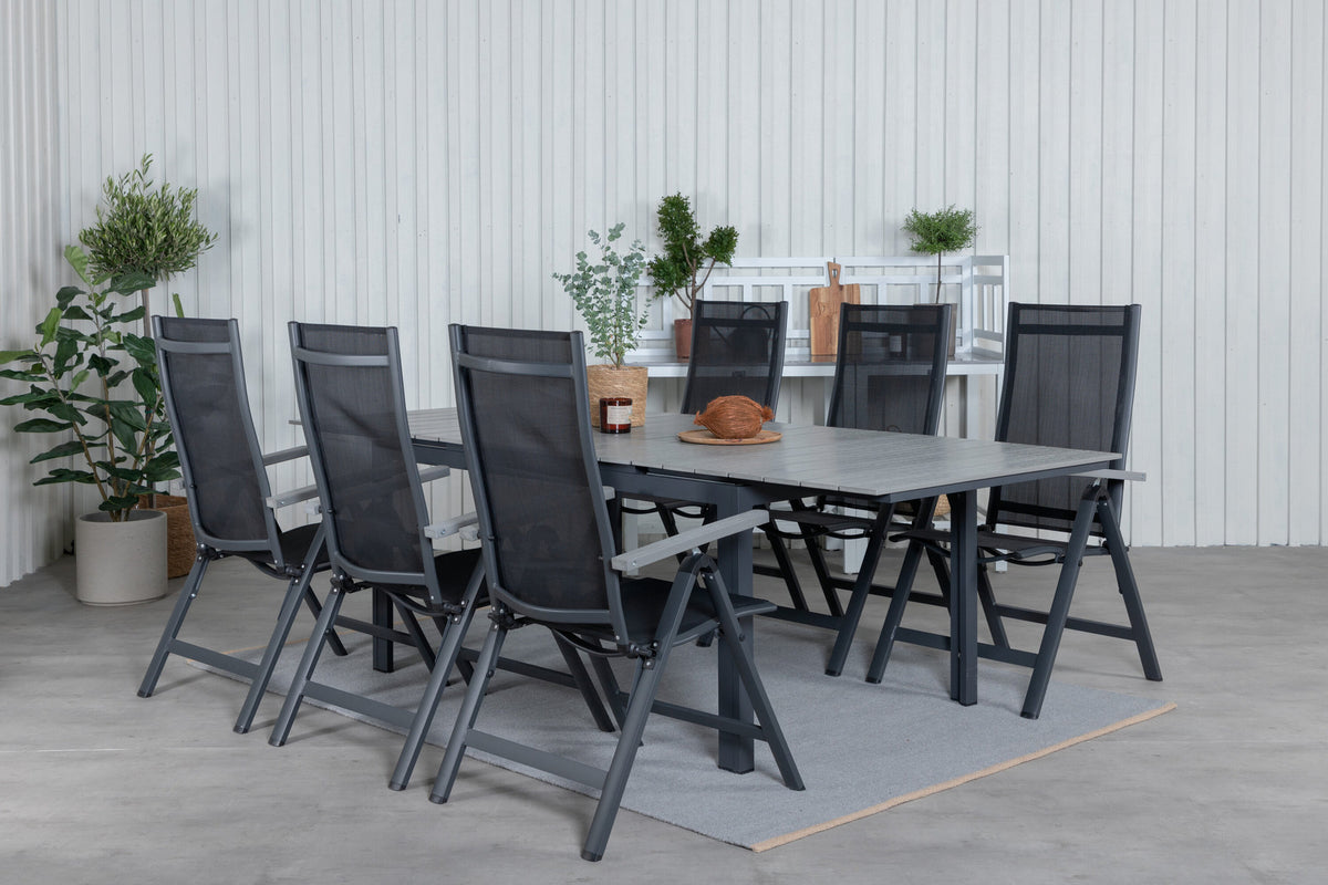 Levels Outdoor-Tischset ausziehbar + Albany 160cm/6St. in Schwarz präsentiert im Onlineshop von KAQTU Design AG. Gartentischset ist von Venture Home