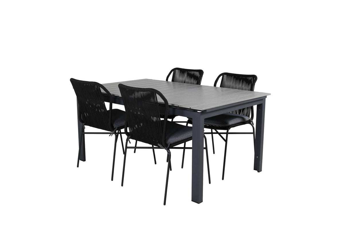 Schwarzes Gartentischset: 4 Stühle aus Aintwood und Aluminium mit Polyester-Bezug, rechteckiger Esstisch mit grauer Aintwood-Tischplatte.