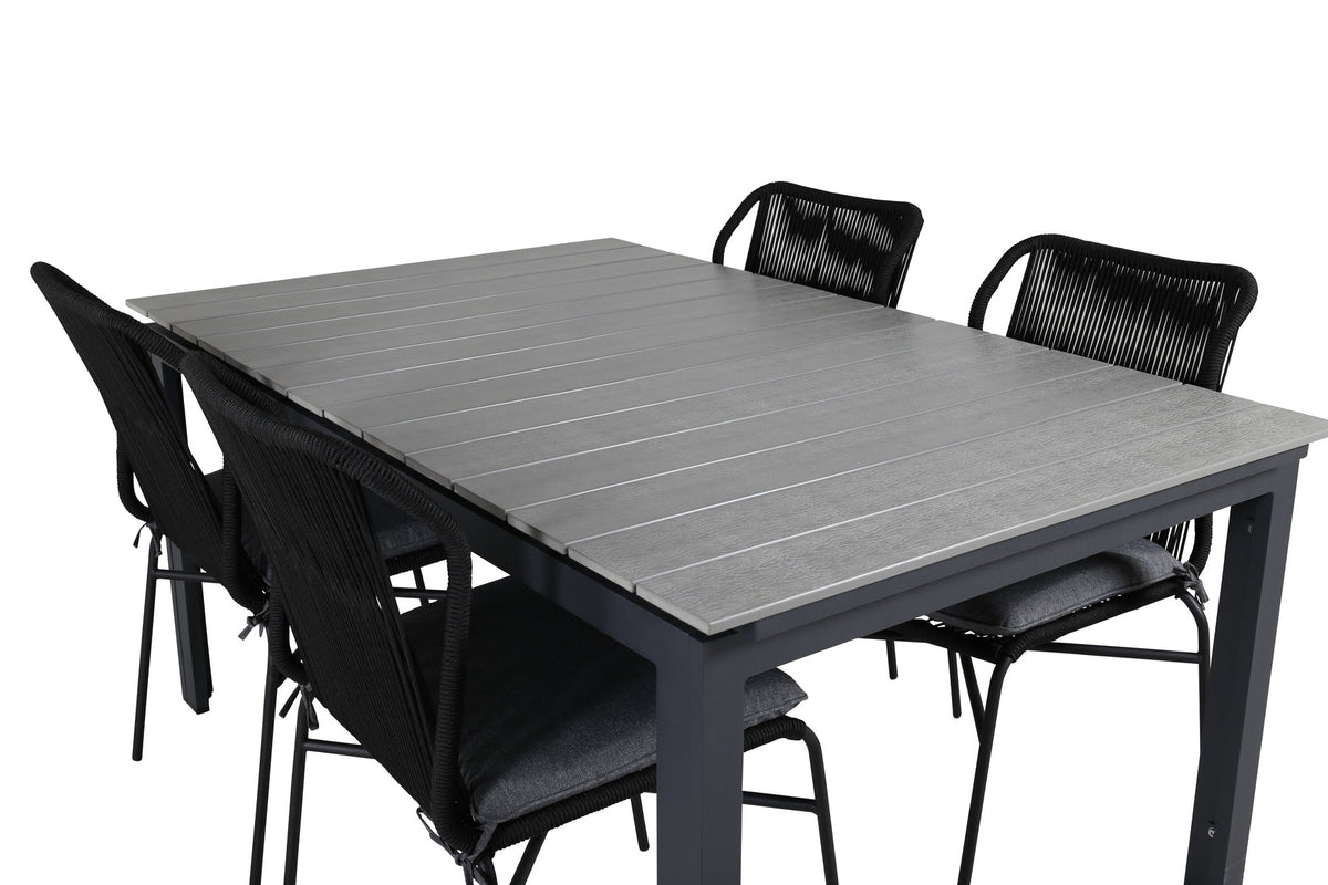 Schwarzes Gartentischset: 4 Stühle aus Aintwood und Aluminium mit Polyester-Bezug, rechteckiger Esstisch mit grauer Aintwood-Tischplatte.