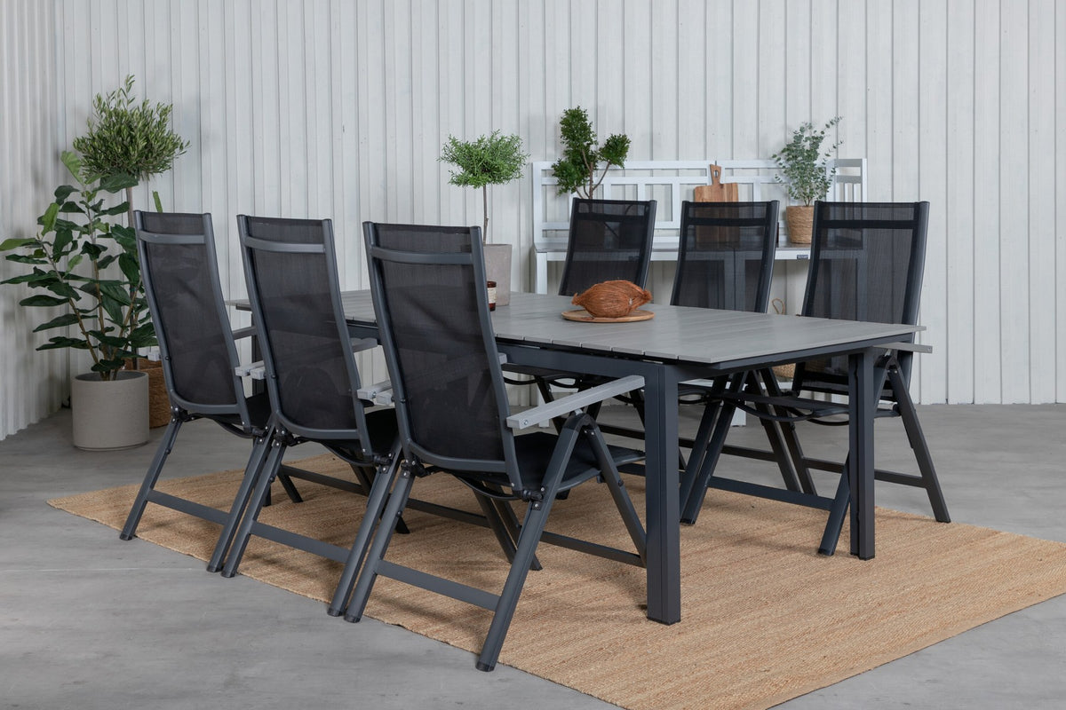 Schwarzes Gartentischset aus Aluminium und Aintwood: rechteckiger Esstisch mit grauer Tischplatte und zwei Positionsstühle, pulverbeschichtet.
