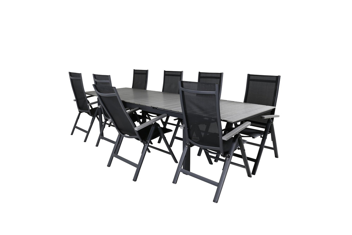 Schwarzes Gartentischset aus Aluminium und Aintwood: rechteckiger Esstisch mit grauer Tischplatte und zwei Positionsstühle, pulverbeschichtet.