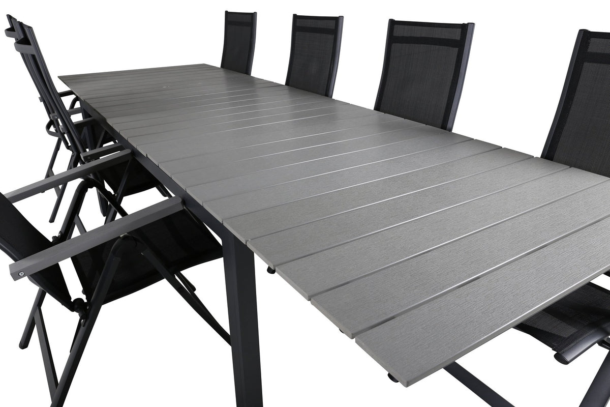 Schwarzes Gartentischset aus Aluminium und Aintwood: rechteckiger Esstisch mit grauer Tischplatte und zwei Positionsstühle, pulverbeschichtet.