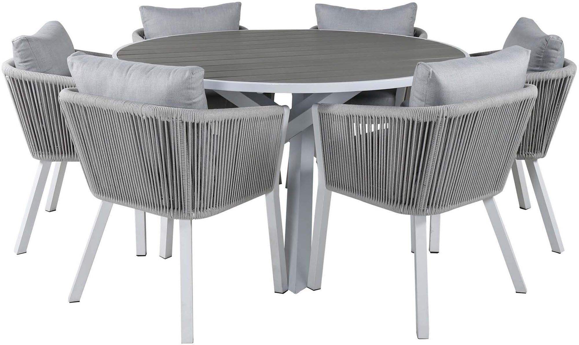 Stilvolles Parma Outdoor-Tischset mit 140cm Tisch und 6 Virya Stühlen, wetterfest und ideal für gesellige Sommerabende.