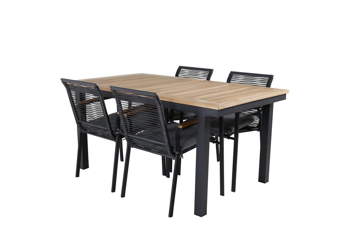Zwei schwarze Aluminium-Stühle mit Polyester-Bezug und ein rechteckiger, ausziehbarer Teak-Tisch mit schwarzer Tischplatte.