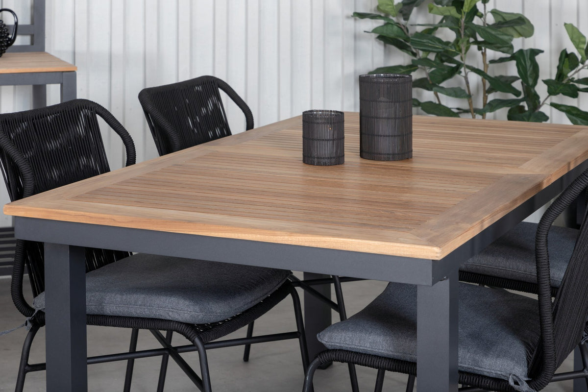 Schwarzes Gartentischset aus Aluminium und Teak: rechteckiger Esstisch 152x90 cm mit 4 Stühlen mit Polyesterbezug.