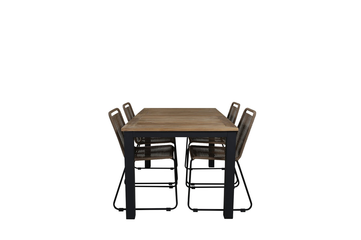Gartentischset Panama & Lindos von Venture Home: Teak-Tisch mit grauer Platte und Stahlbeinen, dazu Stühle aus Aluminium und Teak in Braun.