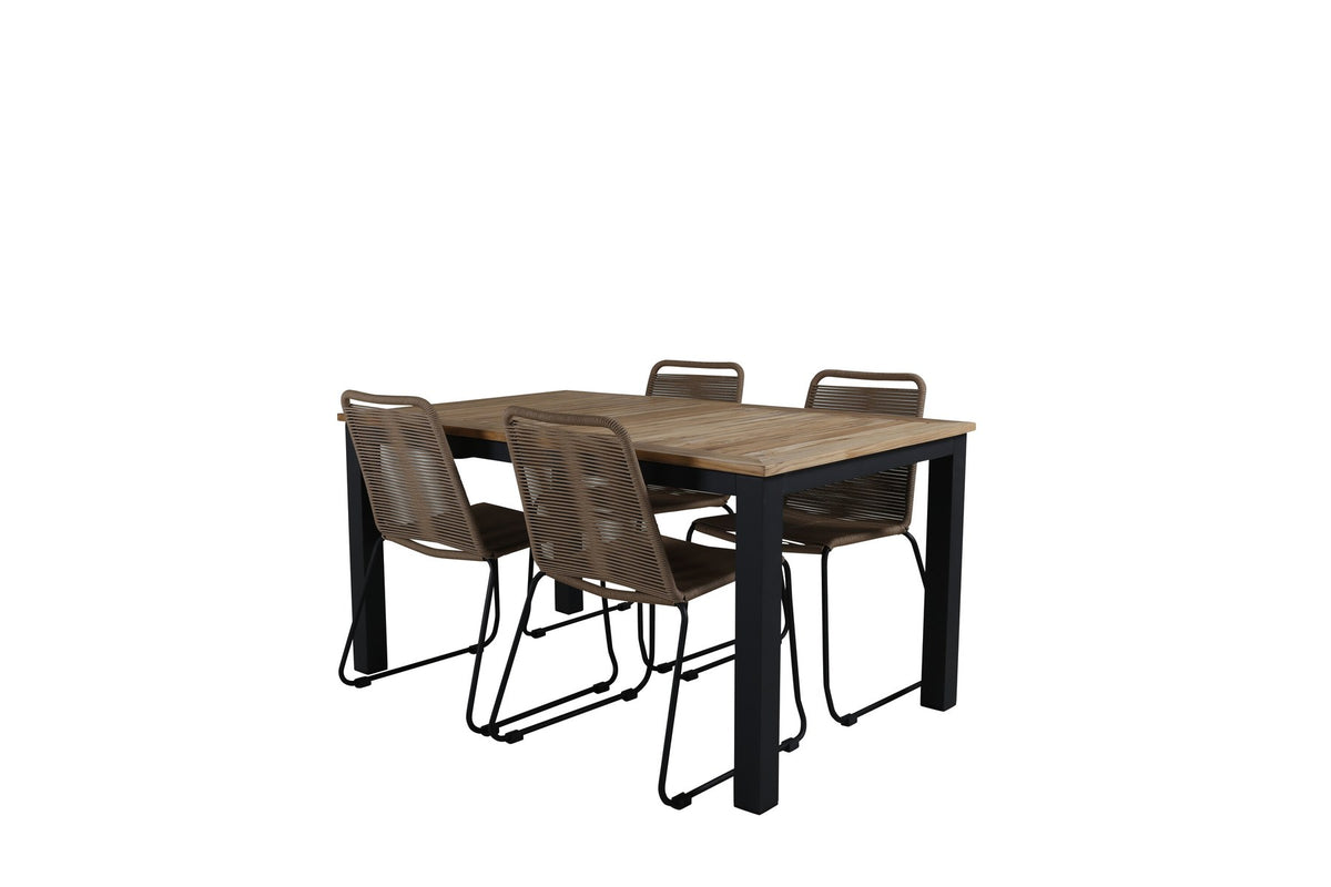 Gartentischset Panama & Lindos von Venture Home: Teak-Tisch mit grauer Platte und Stahlbeinen, dazu Stühle aus Aluminium und Teak in Braun.