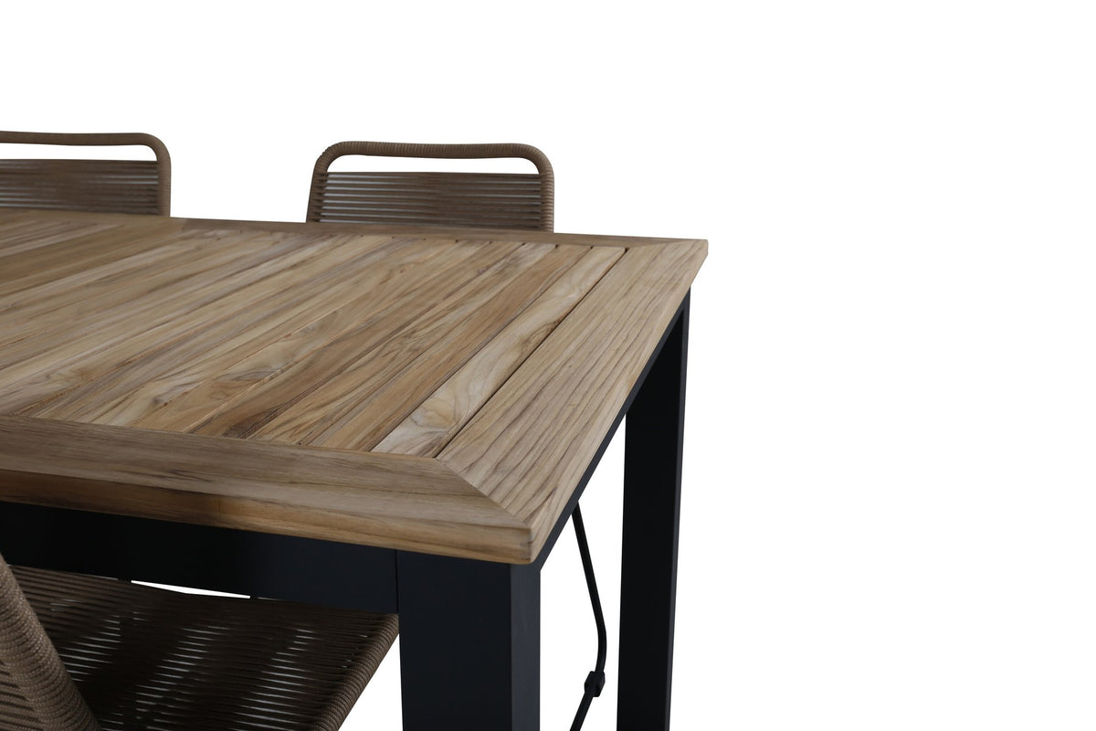 Gartentischset Panama & Lindos von Venture Home: Teak-Tisch mit grauer Platte und Stahlbeinen, dazu Stühle aus Aluminium und Teak in Braun.