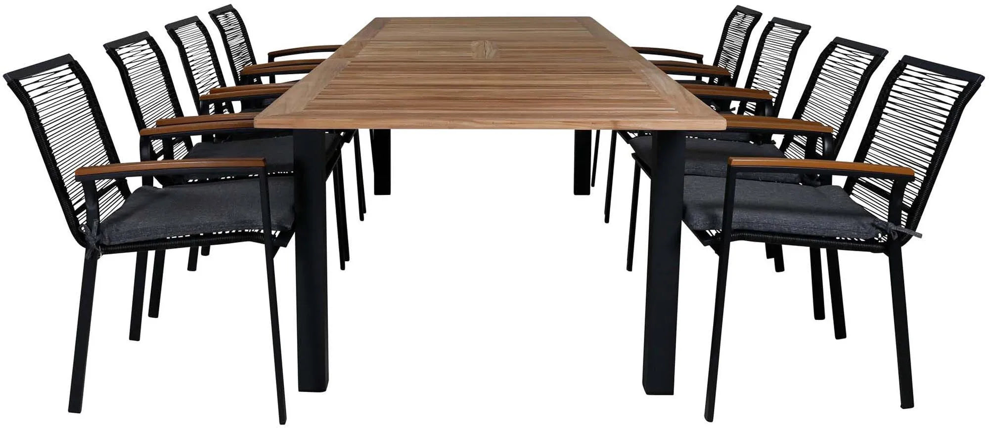 Elegantes Panama Outdoor-Tischset für 8 Personen, wetterfest, UV-beständig, ideal für stilvolle Sommerabende im Garten.