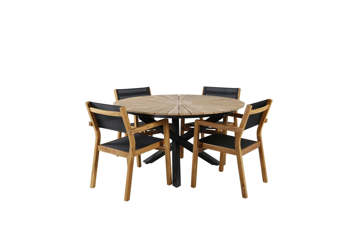 Rundes Gartentischset mit Teak-Tischplatte in Schwarz auf Akazienholzbeinen und zwei Aluminium-Teak Stühlen in Naturton, Outdoor-Möbel.