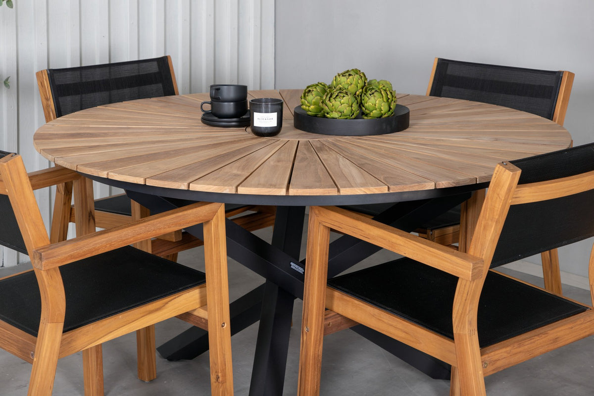 Rundes Gartentischset mit Teak-Tischplatte in Schwarz auf Akazienholzbeinen und zwei Aluminium-Teak Stühlen in Naturton, Outdoor-Möbel.