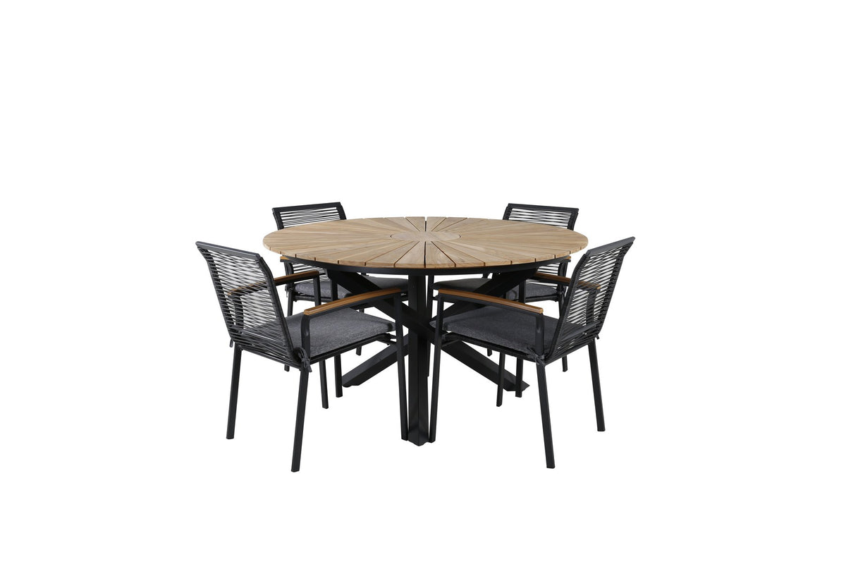 Schwarzes Gartentischset: runder Teakholz-Tisch mit ⌀140cm auf Stahlbeinen und zwei Aluminium-Stühle mit Polyesterbezug von Venture Home.