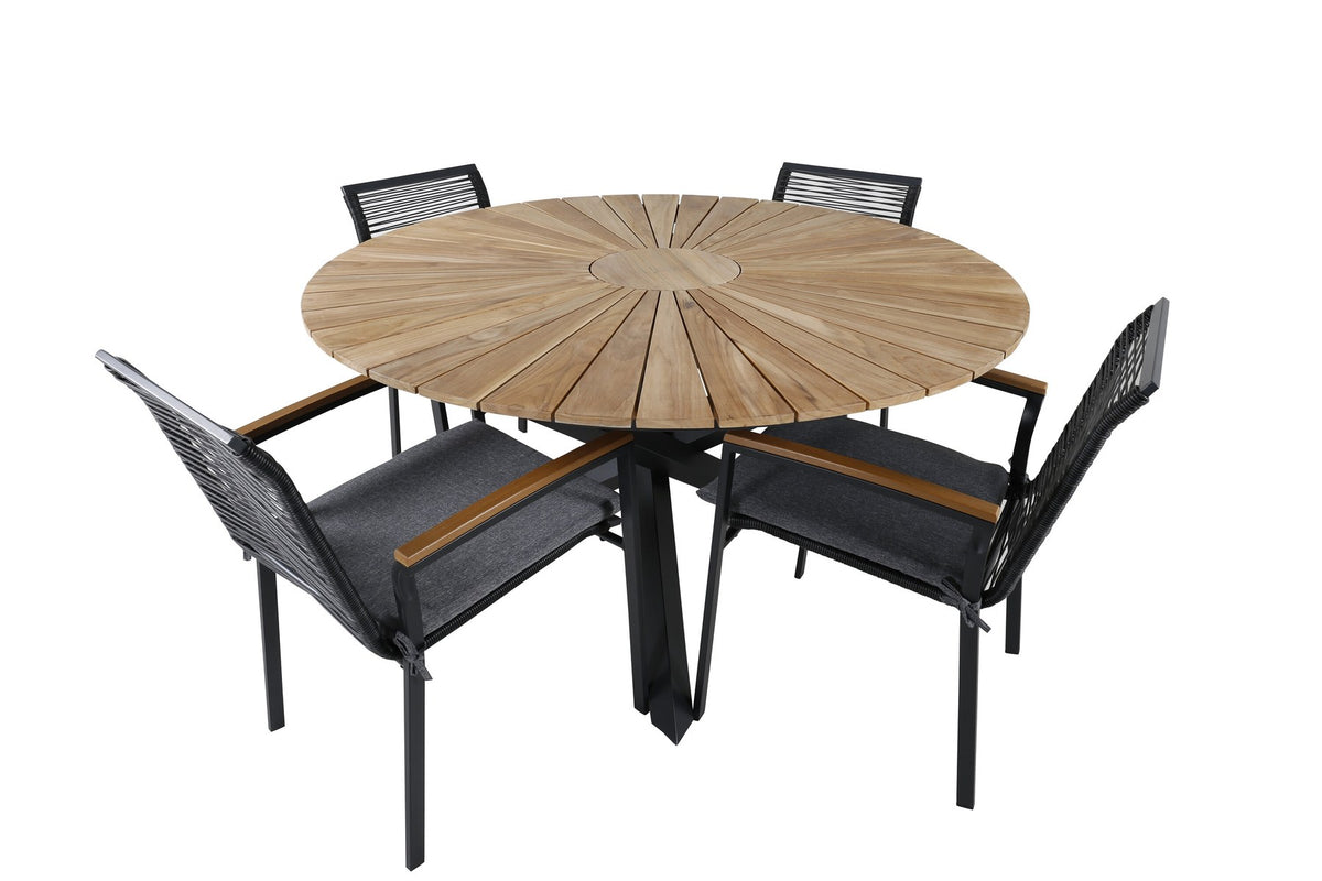 Schwarzes Gartentischset: runder Teakholz-Tisch mit ⌀140cm auf Stahlbeinen und zwei Aluminium-Stühle mit Polyesterbezug von Venture Home.