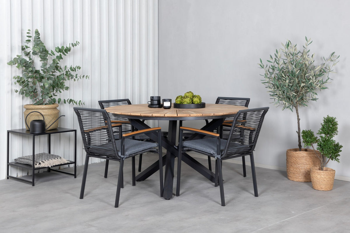 Schwarzes Gartentischset: runder Teakholz-Tisch mit ⌀140cm auf Stahlbeinen und zwei Aluminium-Stühle mit Polyesterbezug von Venture Home.
