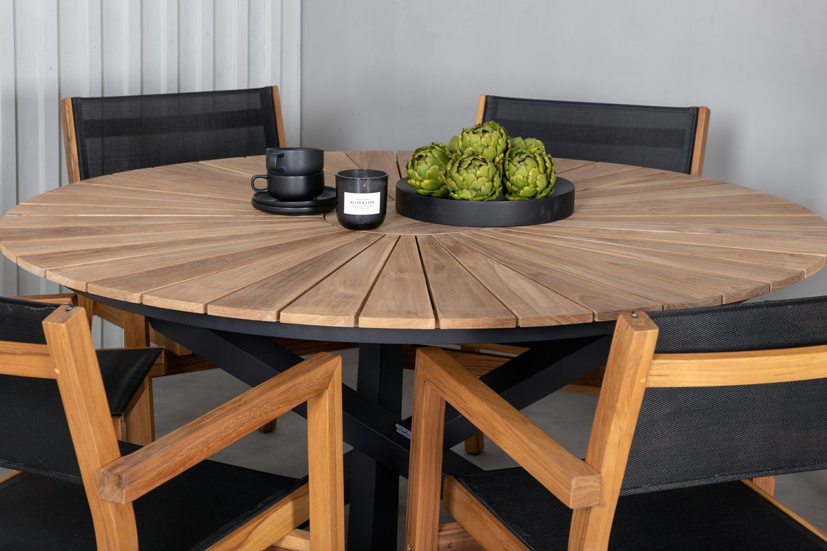 Rundes Gartentischset mit Teak-Tischplatte in Schwarz auf Akazienholzbeinen und zwei Aluminium-Teak Stühlen in Naturton, Outdoor-Möbel.