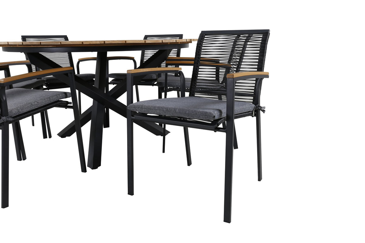 Schwarzes Gartentischset: runder Teakholz-Tisch mit ⌀140cm auf Stahlbeinen und zwei Aluminium-Stühle mit Polyesterbezug von Venture Home.