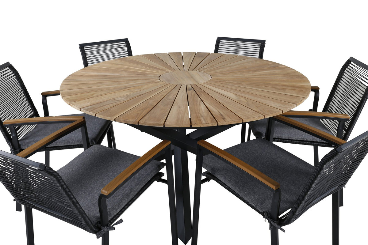 Schwarzes Gartentischset: runder Teakholz-Tisch mit ⌀140cm auf Stahlbeinen und zwei Aluminium-Stühle mit Polyesterbezug von Venture Home.