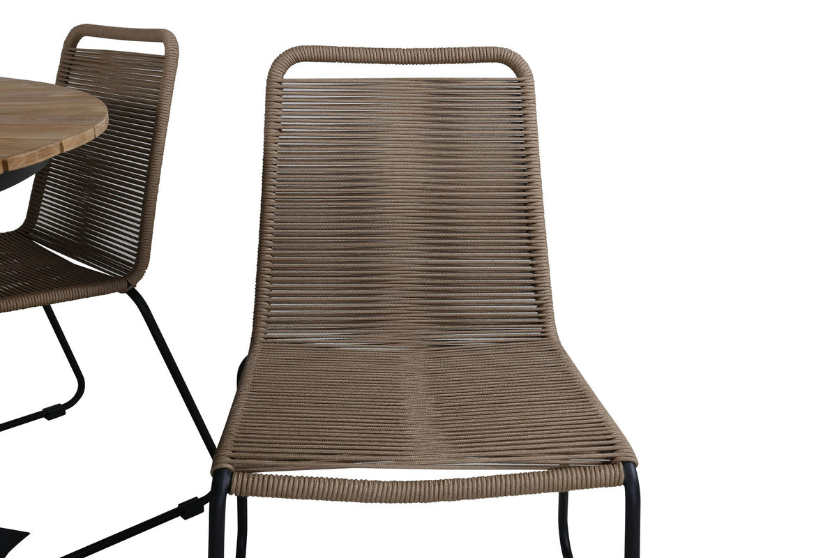 Gartentischset Mexiko mit Lindos-Stühlen: Teak-Tisch mit Stahlbeinen und Aluminium-Teak-Stühlen in Braun, rechteckige Tischplatte.
