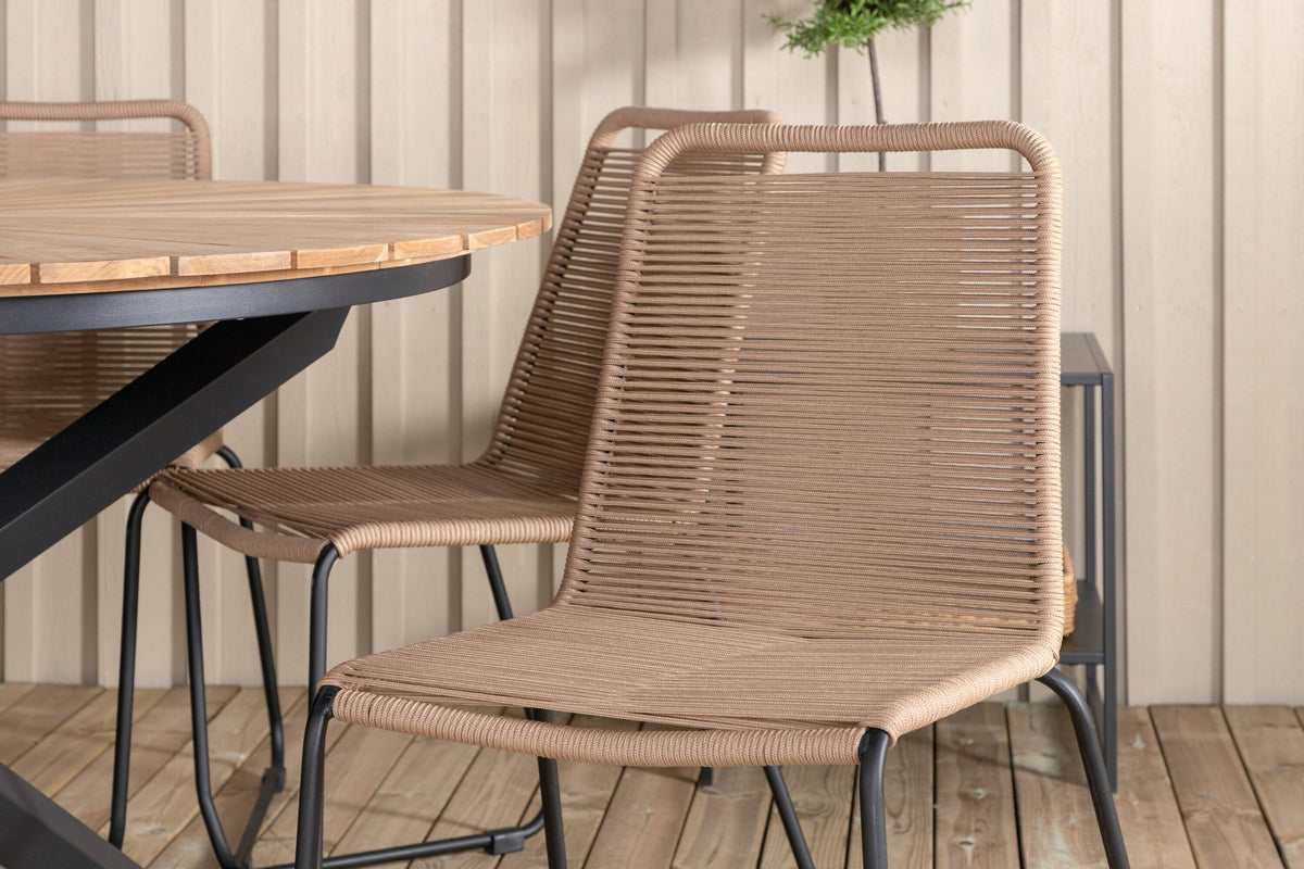 Gartentischset Mexiko mit Lindos-Stühlen: Teak-Tisch mit Stahlbeinen und Aluminium-Teak-Stühlen in Braun, rechteckige Tischplatte.