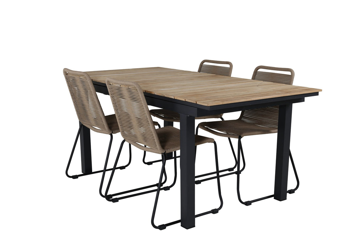 Rechteckiger Esstisch aus Teak und Aluminium in Natur mit zwei Esszimmerstühlen in Braun mit Pulverbeschichtung, Outdoor-Set von Venture Home.