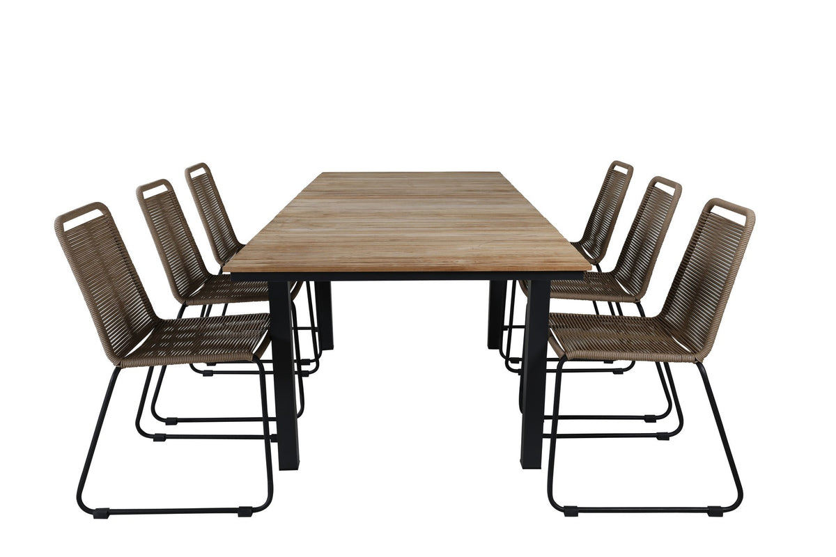 Rechteckiger Esstisch aus Teak und Aluminium in Natur mit zwei Esszimmerstühlen in Braun mit Pulverbeschichtung, Outdoor-Set von Venture Home.