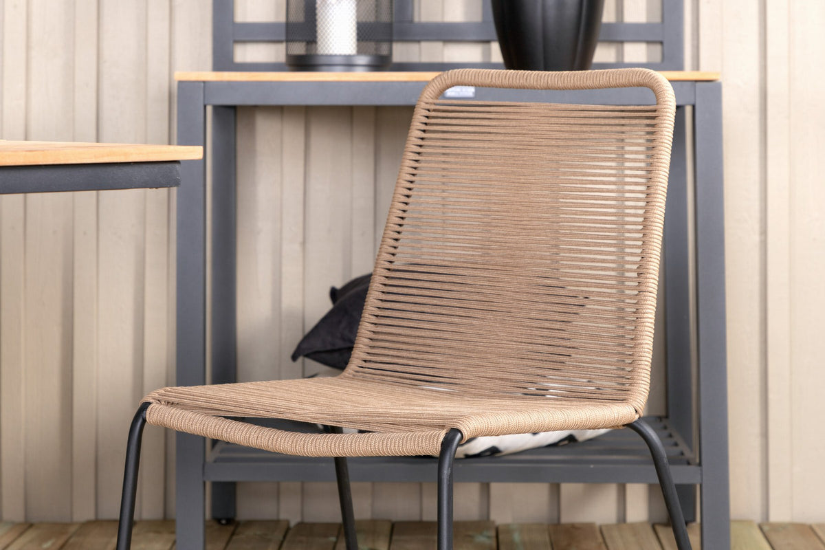 Rechteckiger Esstisch aus Teak und Aluminium in Natur mit zwei Esszimmerstühlen in Braun mit Pulverbeschichtung, Outdoor-Set von Venture Home.
