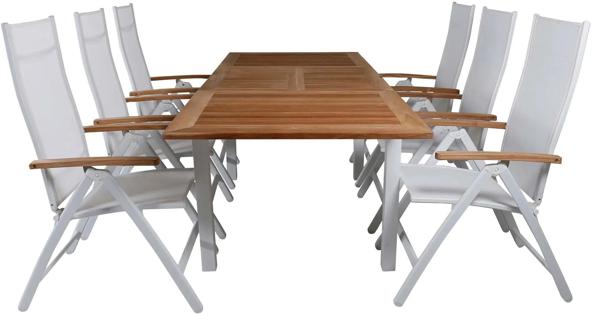 Elegantes Panama Outdoor-Tischset: 160cm Teakholz-Tisch, 6 wetterfeste Textilene-Stühle, ideal für Gartenpartys.