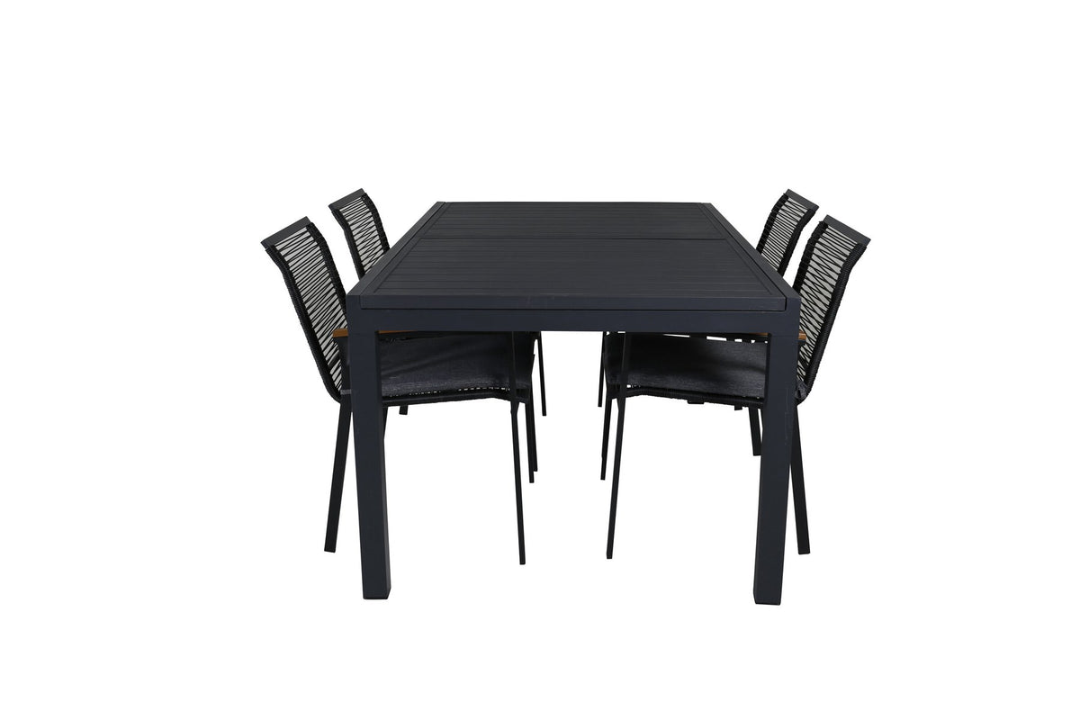 Zwei schwarze Aluminium-Stühle mit Polyesterbezug und ein rechteckiger schwarzer Aluminium-Esstisch mit Stahlbeinen, Gartentischset von Venture Home.