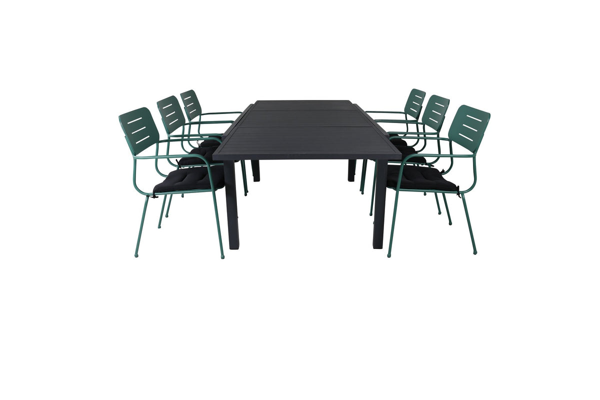 Gartentischset aus Aluminium: schwarzer, ausziehbarer Esstisch 160x100 cm und zwei grüne, stapelbare Aluminiumstühle mit Polyesterbezug.