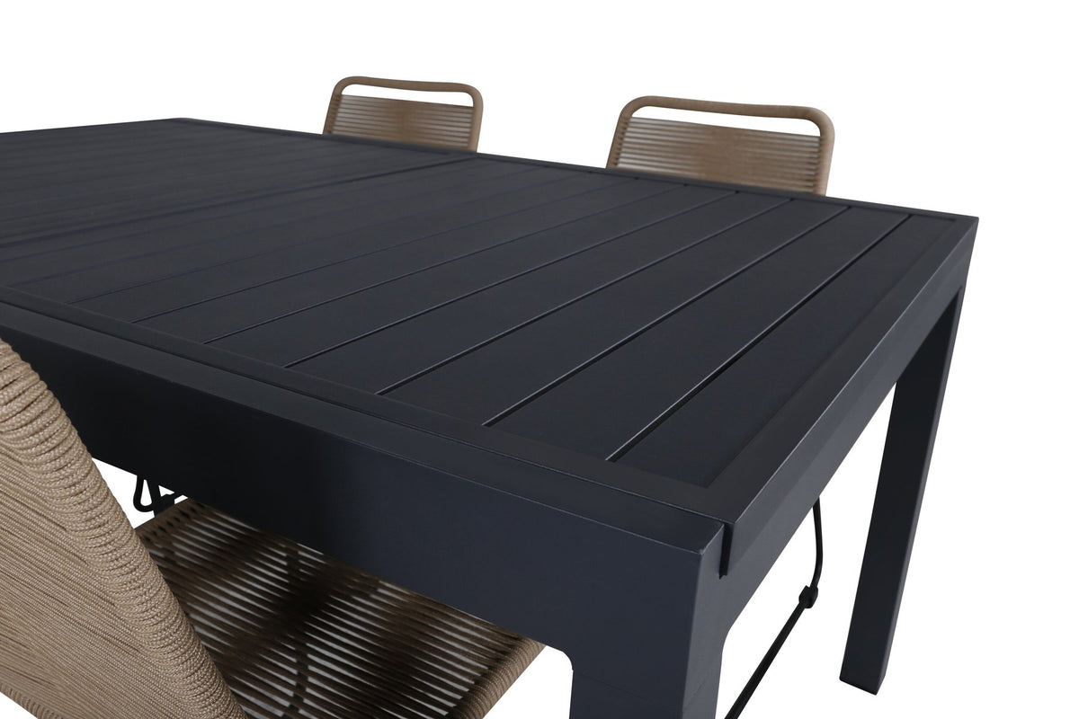 Braune Aluminium-Gartenstühle im 2er-Set und rechteckiger Aluminium-Gartentisch 160x100 cm in Schwarz, pulverbeschichtet.