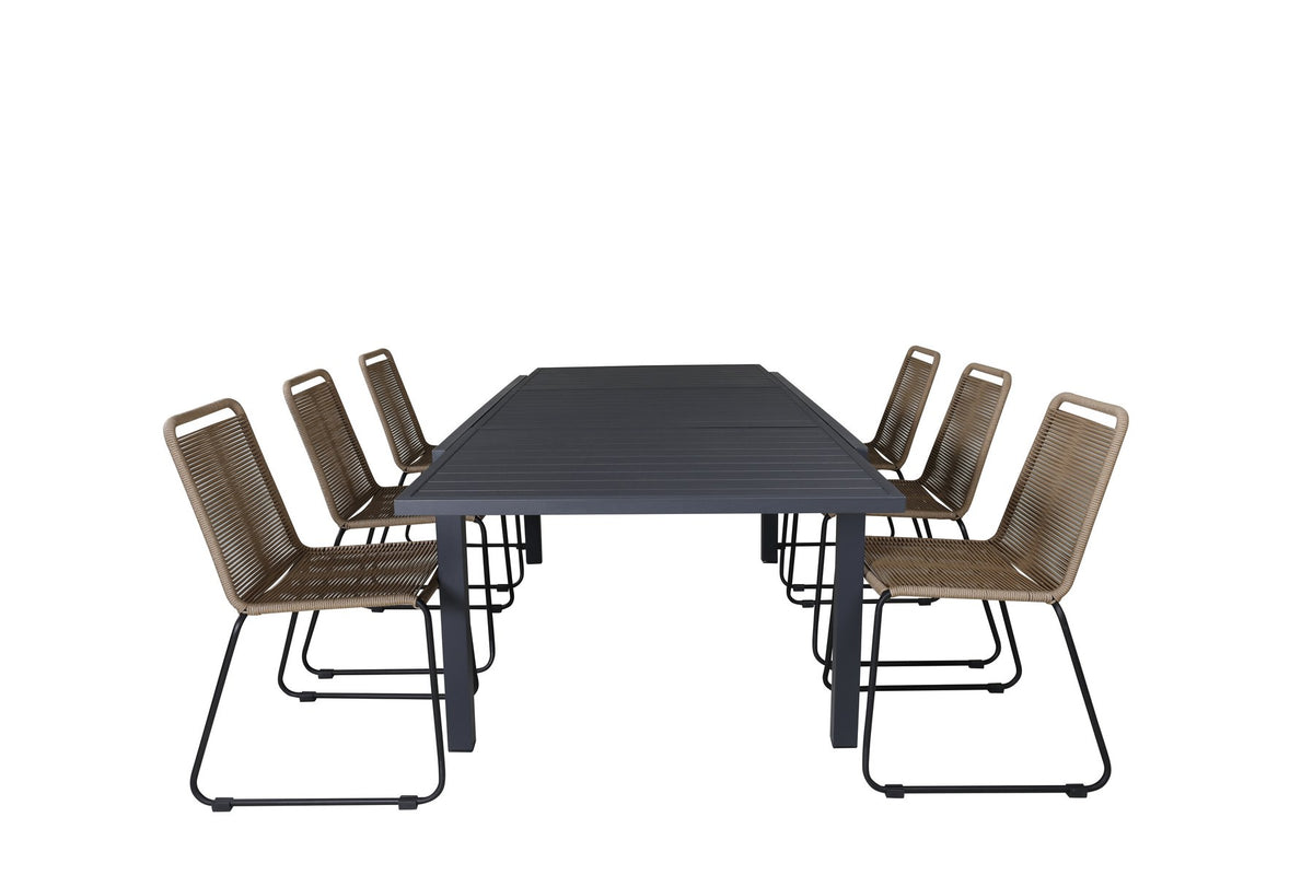 Braune Aluminium-Gartenstühle im 2er-Set und rechteckiger Aluminium-Gartentisch 160x100 cm in Schwarz, pulverbeschichtet.