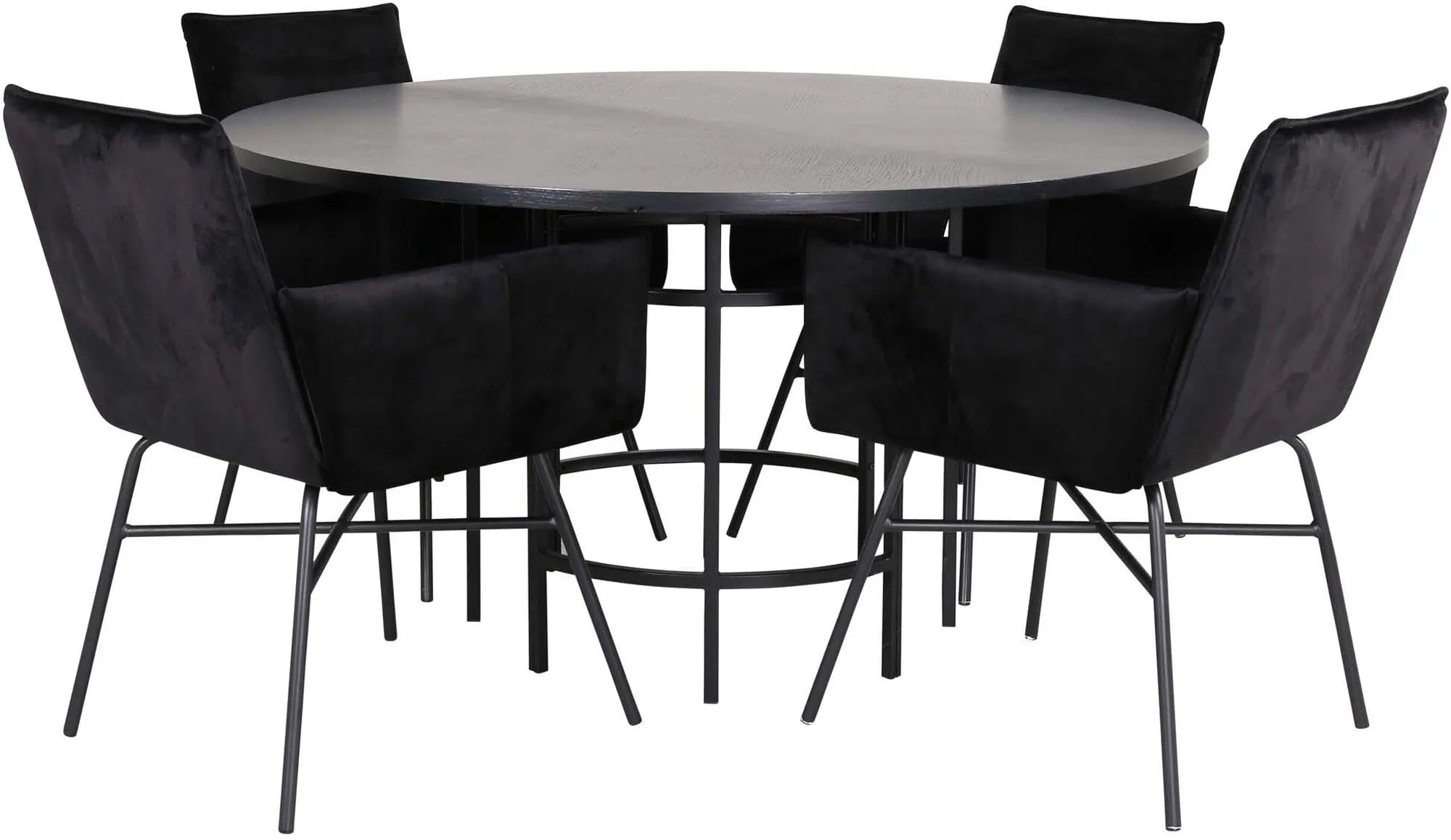 Stilvolles Esszimmerset: Runder Tisch (⌀140cm) mit schwarzem MDF, 4 Samtstühle, modernes Design, ideal für gesellige Anlässe.