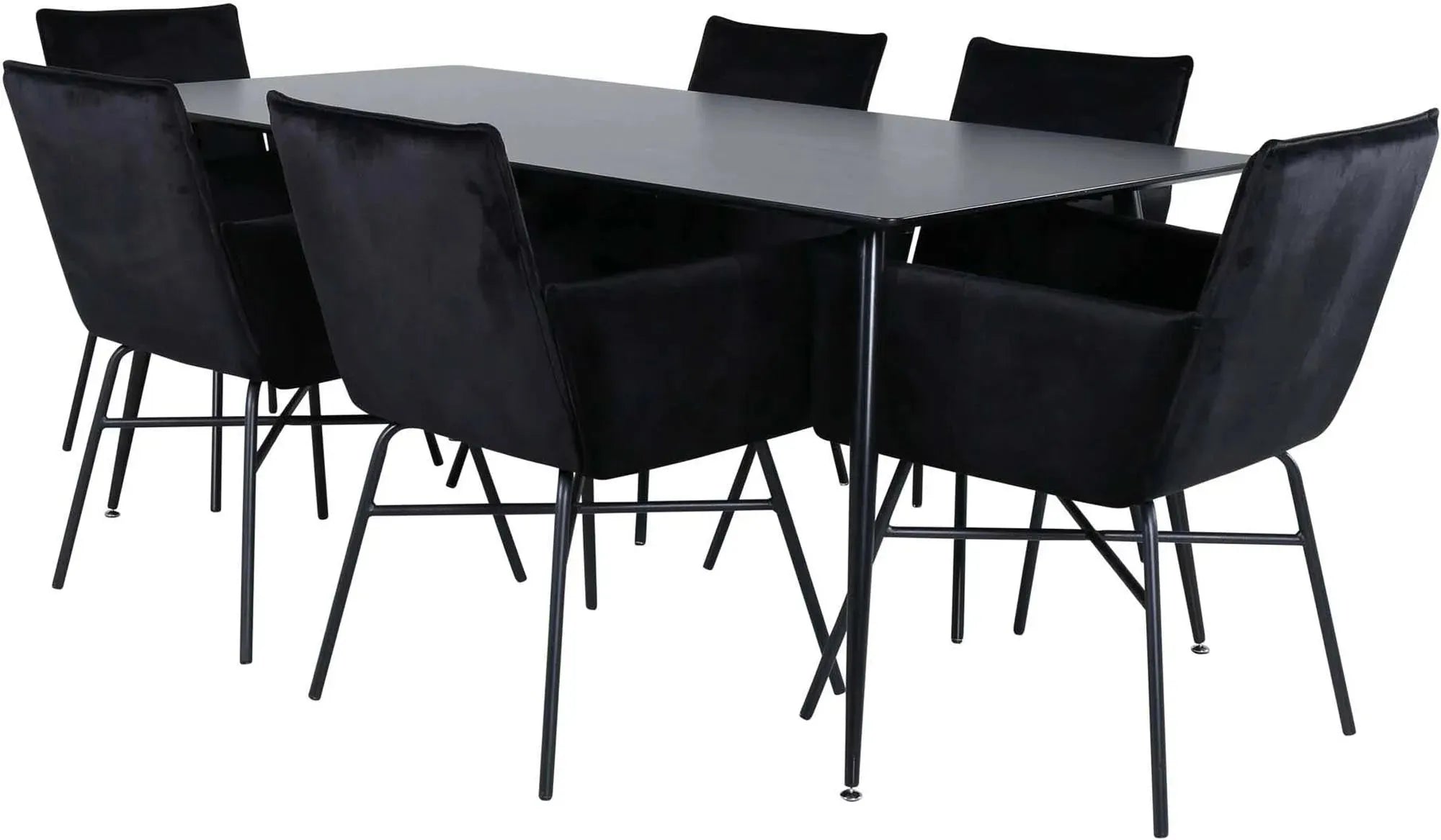 Stilvolles Silar Esszimmerset: 180cm Tisch & 6 Petra Stühle in schwarzem Samt. Skandinavisches Design, Komfort & Eleganz.