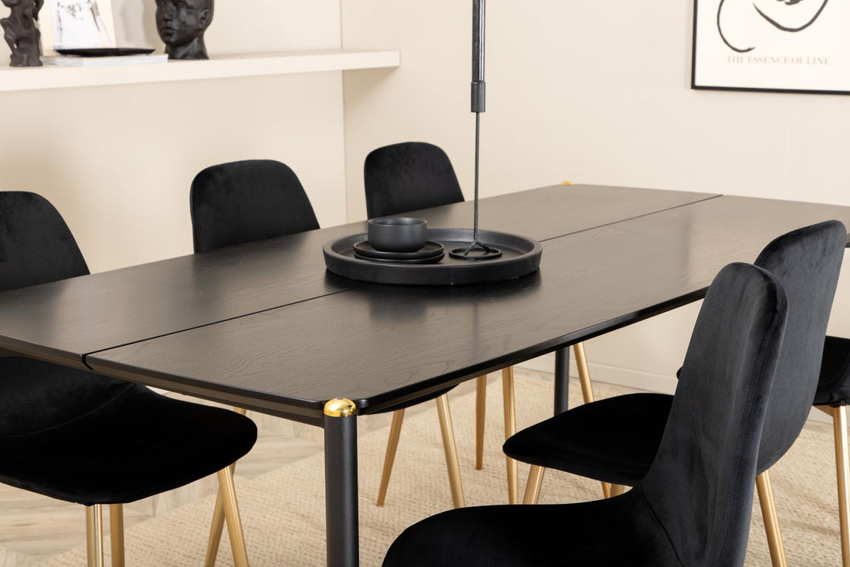 Esszimmerset Pelle mit schwarzem MDF-Tisch, Furnier-Oberfläche, Eisenbeinen mit Messingknospen und sechs Polar-Stühlen mit Samtbezug.