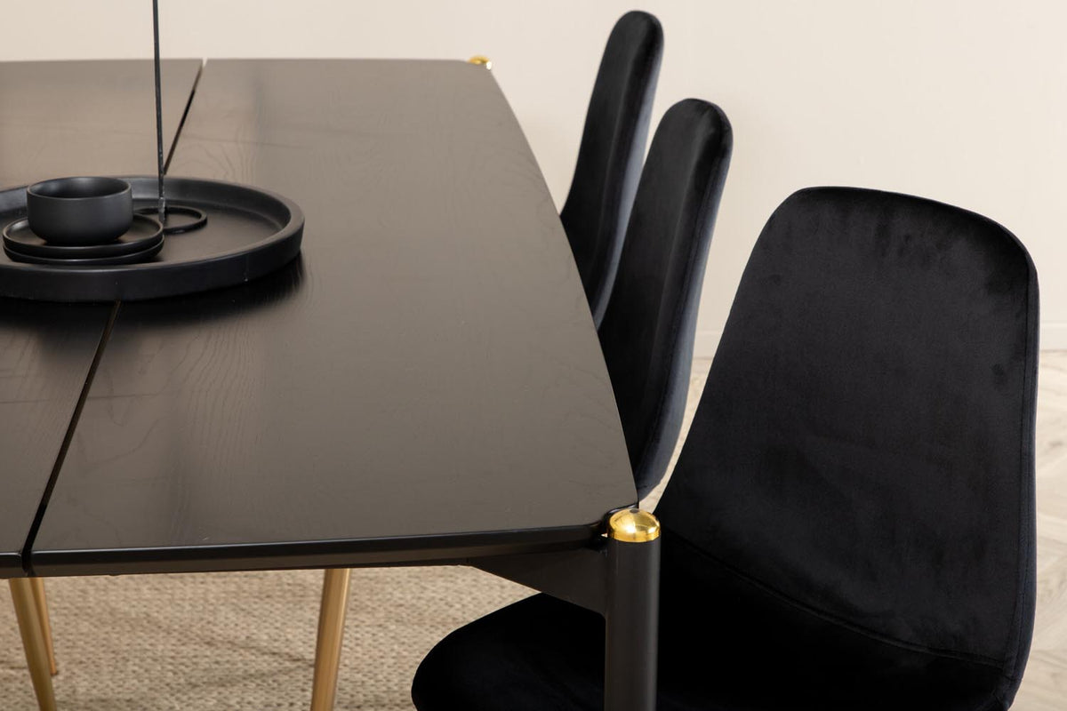 Esszimmerset Pelle mit schwarzem MDF-Tisch, Furnier-Oberfläche, Eisenbeinen mit Messingknospen und sechs Polar-Stühlen mit Samtbezug.