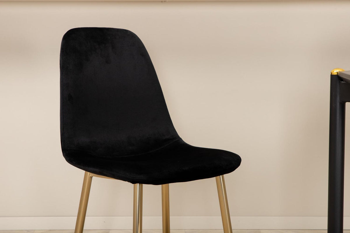 Esszimmerset Pelle mit schwarzem MDF-Tisch, Furnier-Oberfläche, Eisenbeinen mit Messingknospen und sechs Polar-Stühlen mit Samtbezug.