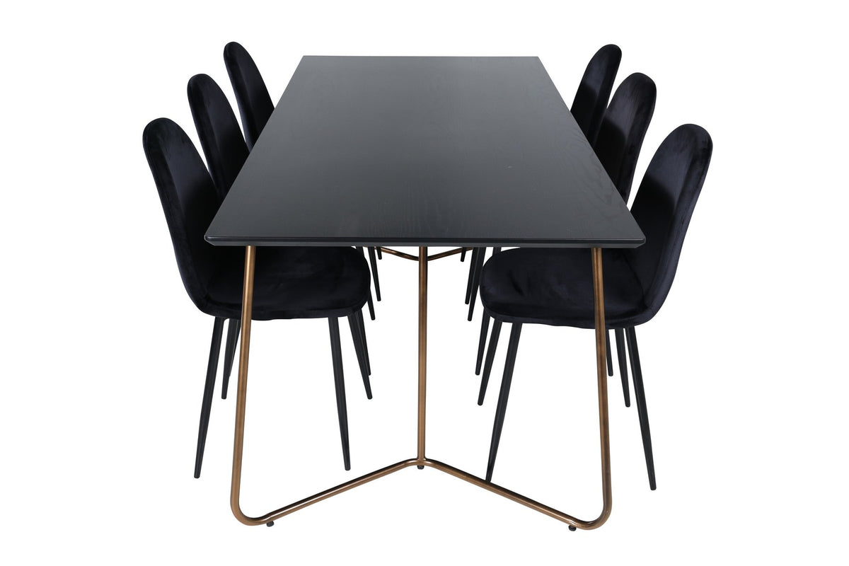 Esszimmerset Petra + Polar: schwarzer Tisch mit MDF-Furnierplatte auf Stahlbeinen, sechs Stühle mit Samt-Sitzkissen und Bugholzbeinen.