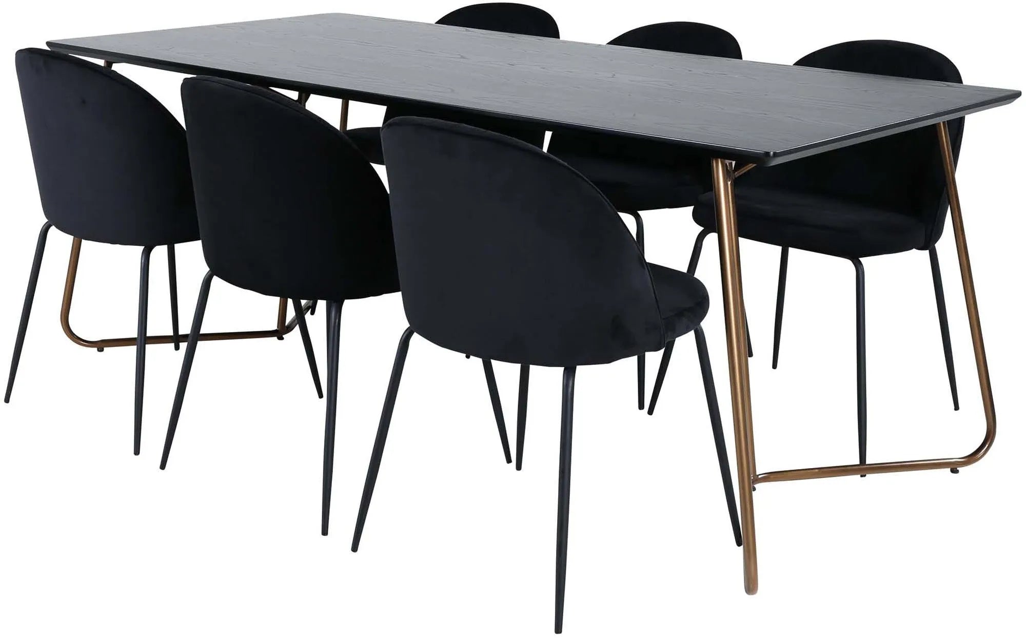 Modernes Esszimmerset Petra: Schwarzer Samt, kupferfarbene Beine, skandinavisches Design, 190cm Tisch, 6 Wrinkles-Stühle.
