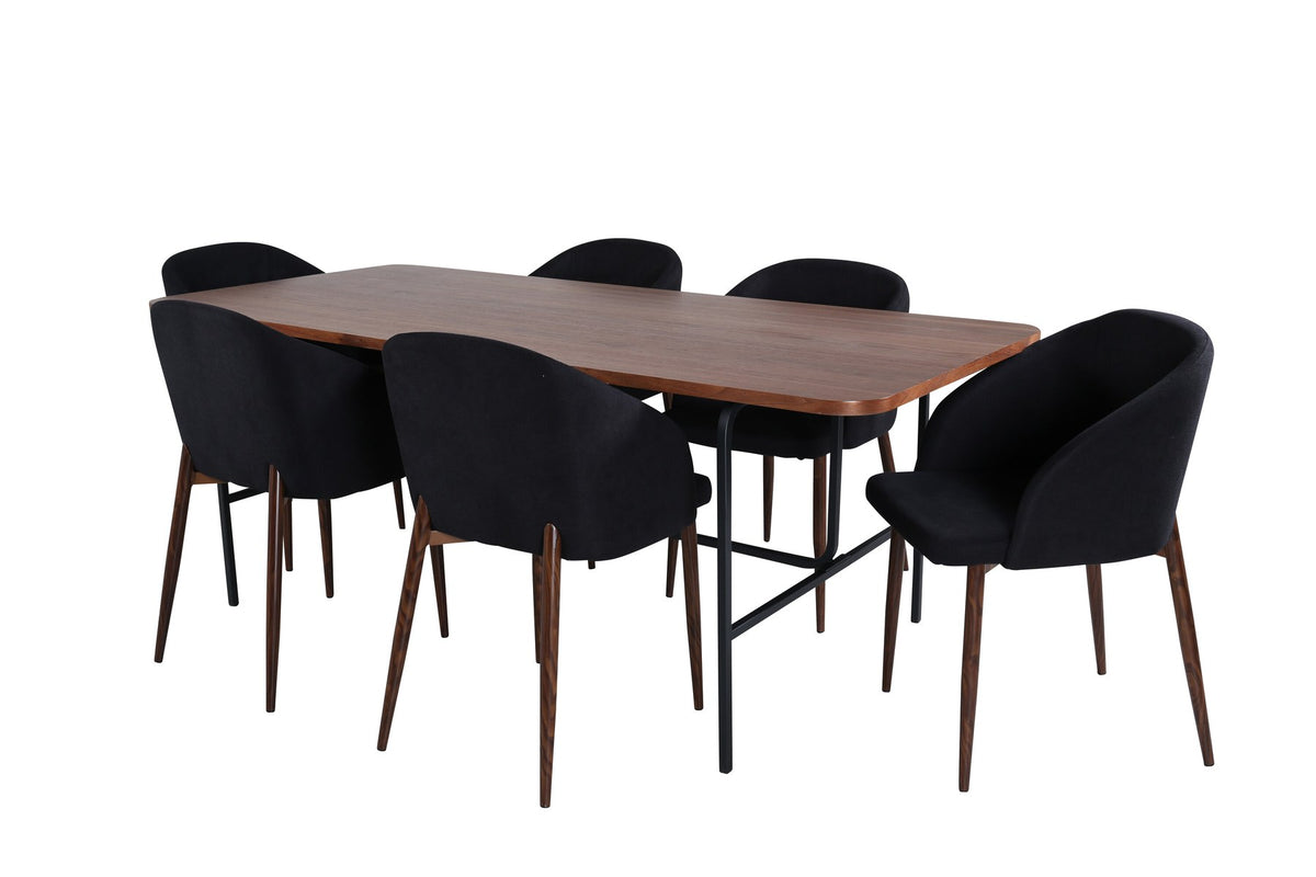 Esszimmerset Uno: rechteckiger Tisch mit MDF-Furnier-Platte in Nussbaum und schwarzem Stahlgestell, dazu Arch Stühle mit Polyesterbezug.