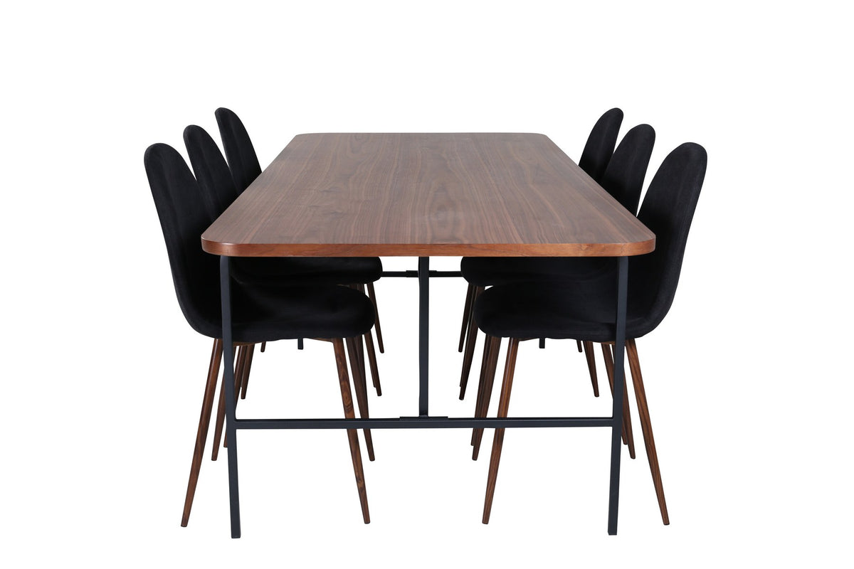 Rechteckiger Esstisch mit Nussbaum-Furnierplatte aus MDF und schwarzem Stahluntergestell, umgeben von sechs gepolsterten Polar Stühlen mit schwarzem Polyesterbezug.